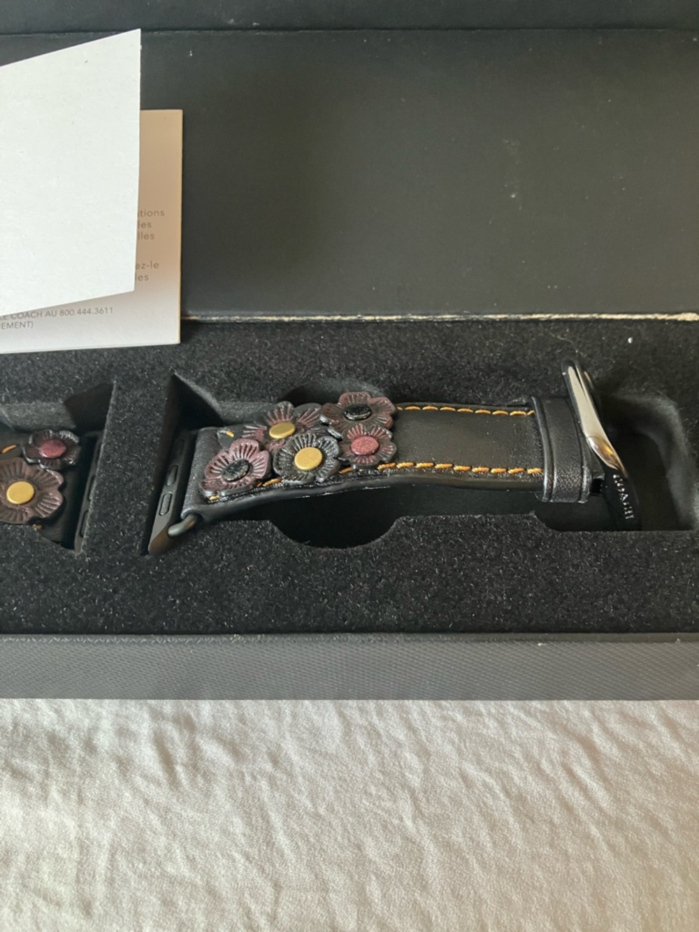 Coach: 2016 Black Leather Tea Rose Appliqué Apple Watch Band- 38mm-40mm- IOB - Picture 6 of 12